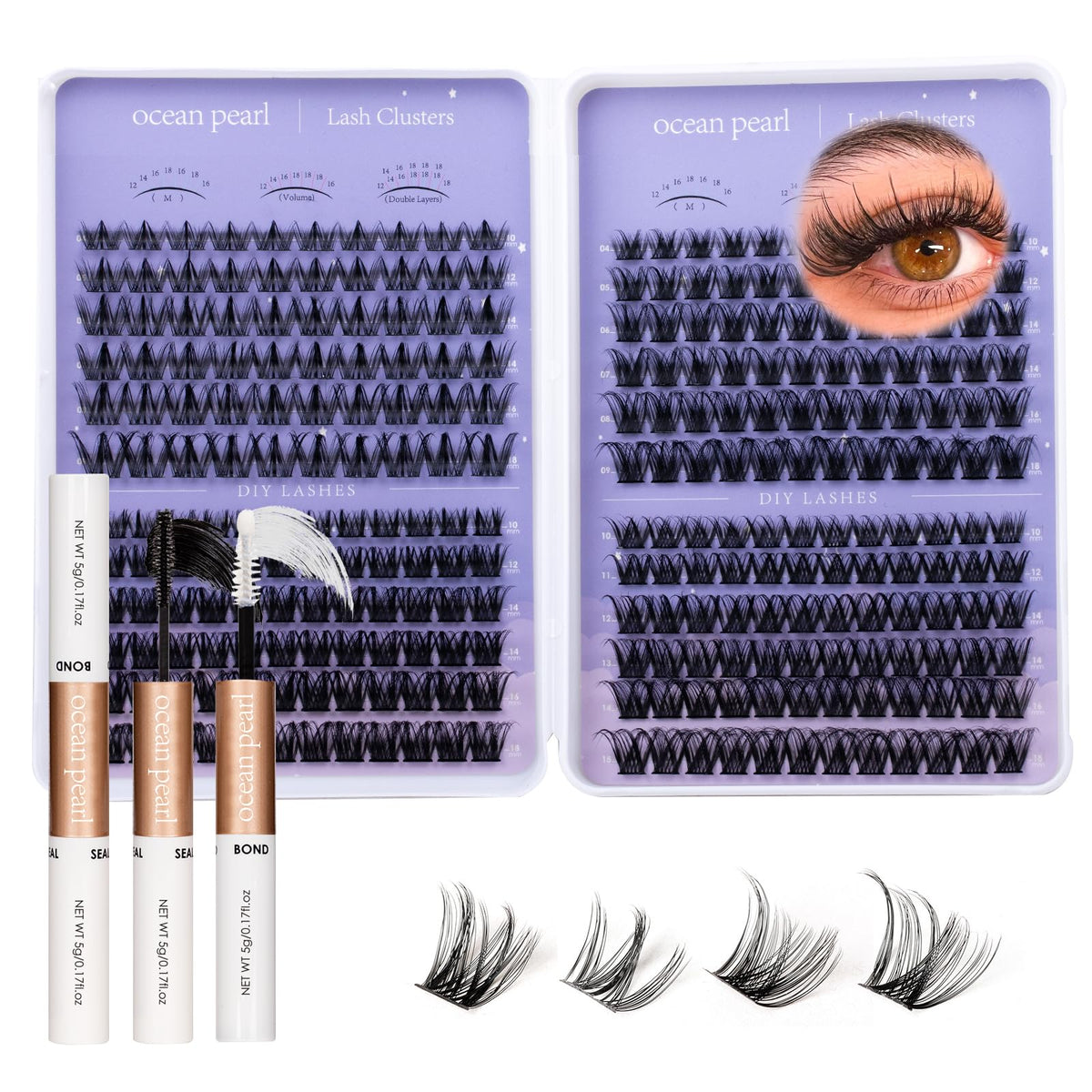 Close-up of 10-18mm lash clusters in Ocean Pearl kit