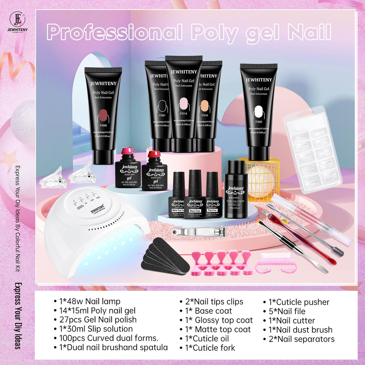 Close-up of 14 poly gel colours in JEWHITENY kit