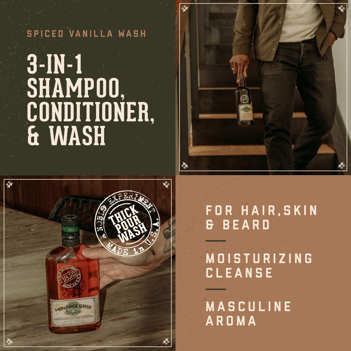Close-up of 18.21 Man Made Spiced Vanilla 3-in-1 Body Wash bottle