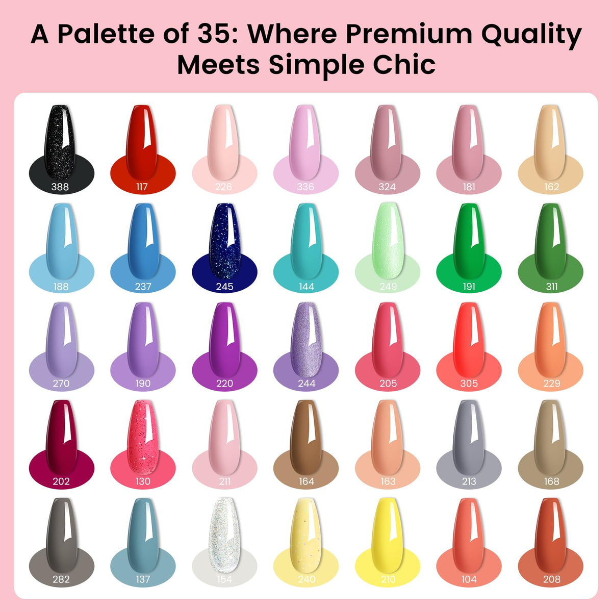 close-up of 35 gel nail polish colours in the kit