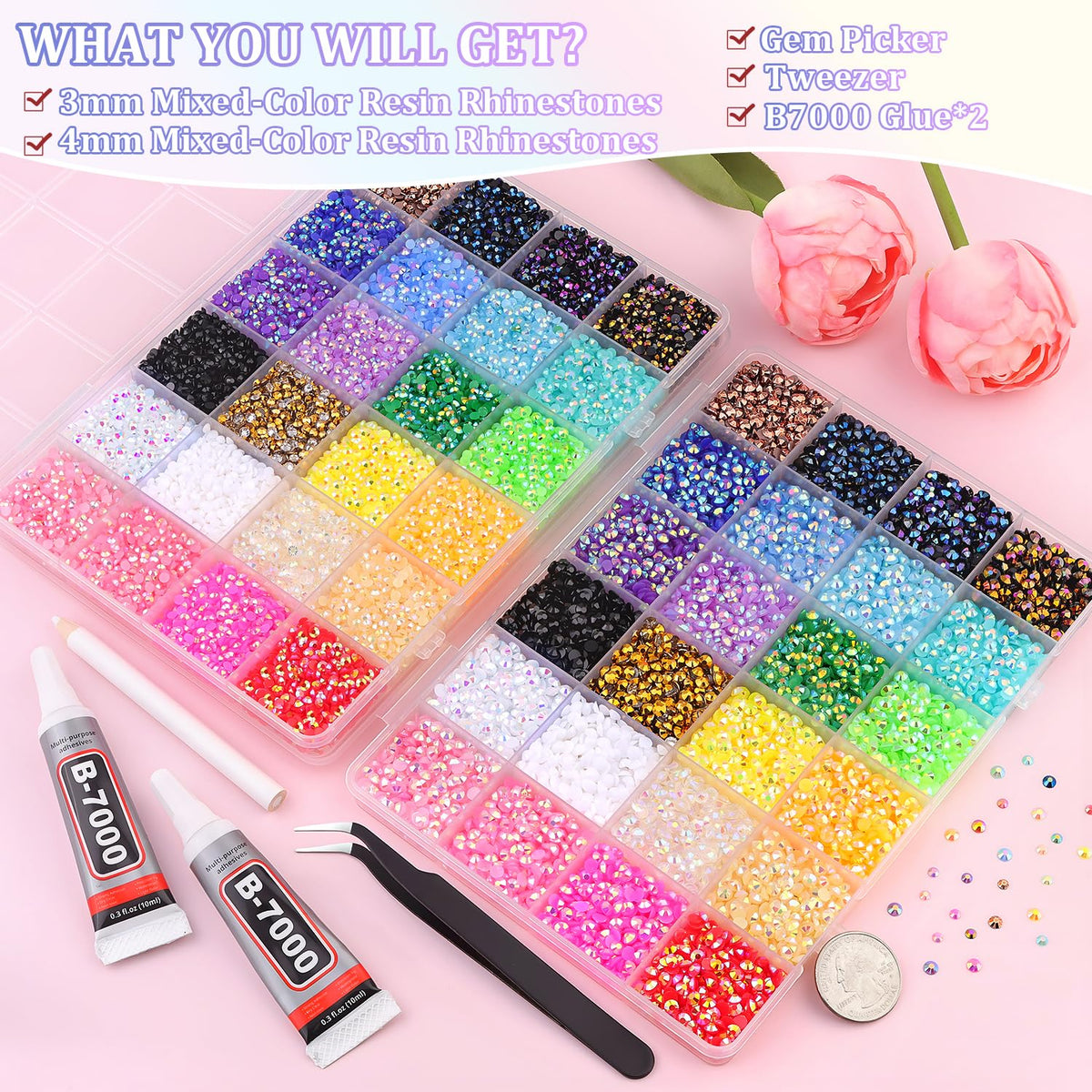 Close-up of 3mm and 4mm multicolour resin rhinestones