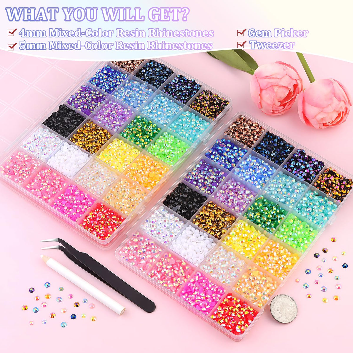 Close-up of 4mm and 5mm multicolour resin rhinestones