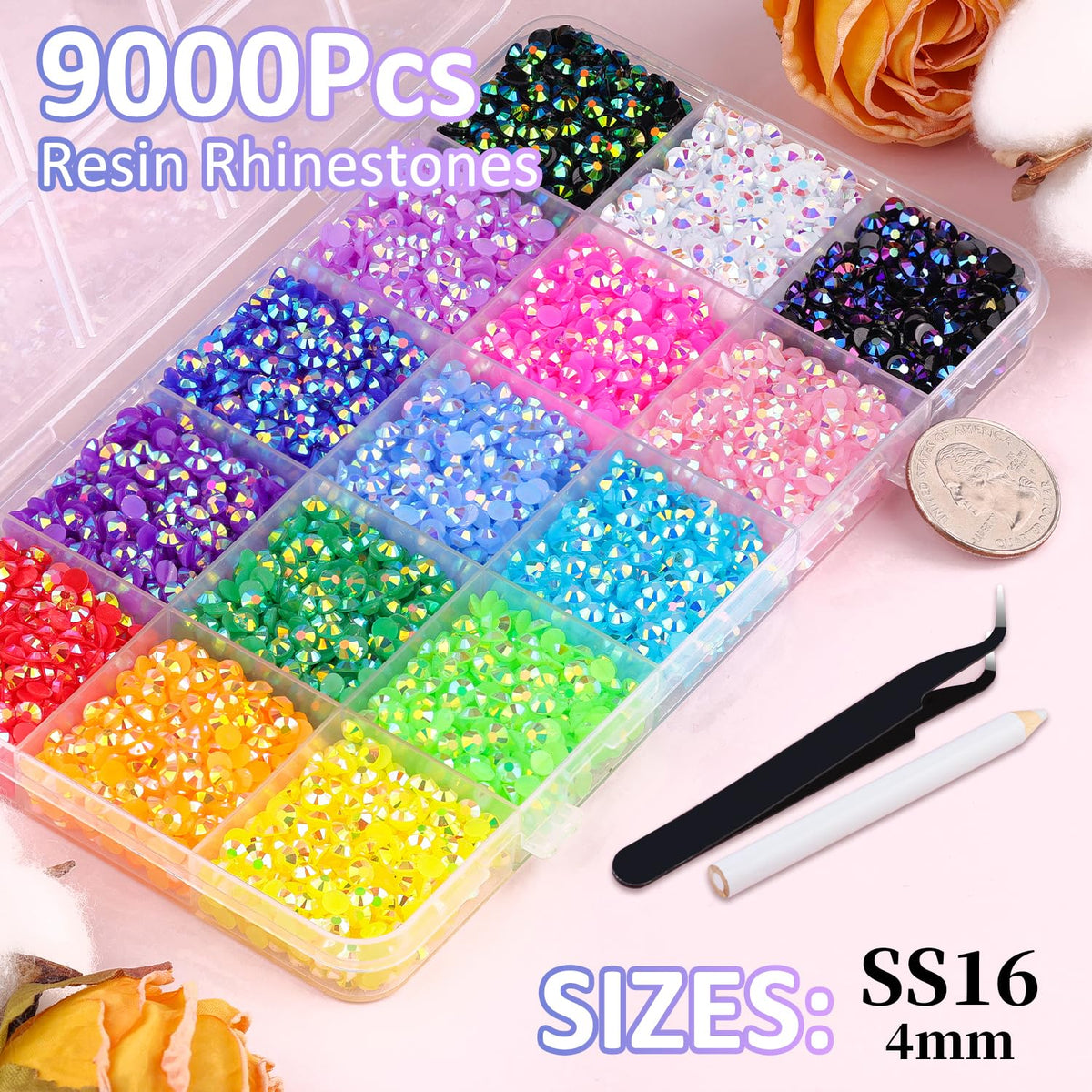 Close-up of 4mm flatback resin rhinestones with AB coating