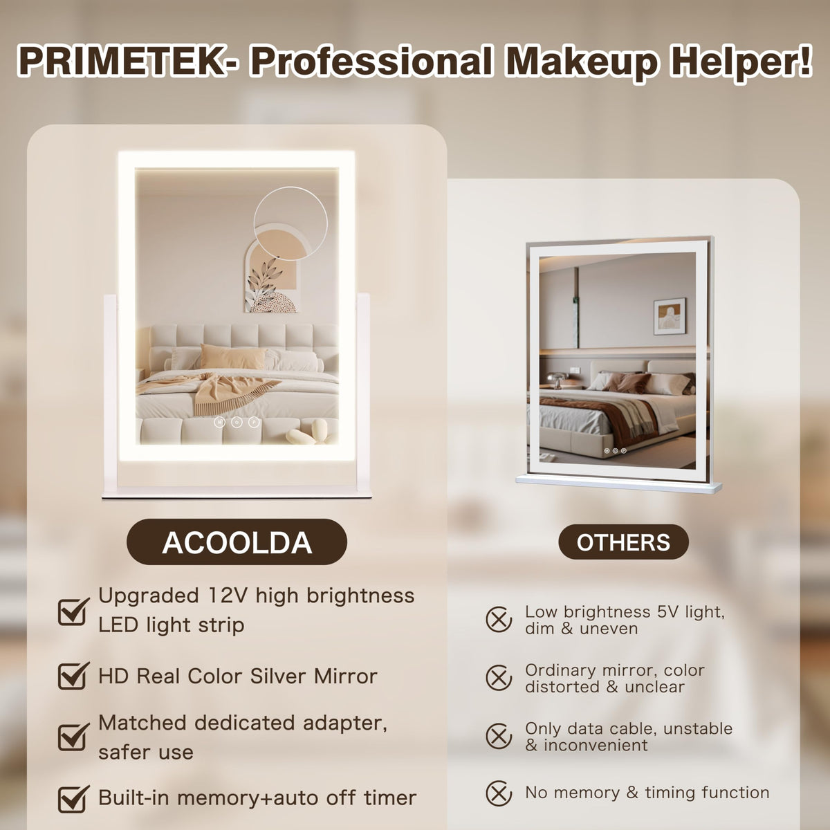 Close-up of Acoolda Lighted Makeup Mirror's brightness adjustment feature