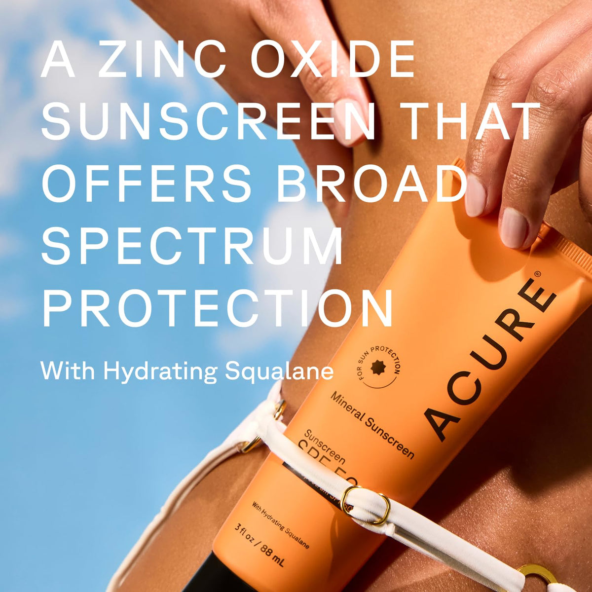 Close-up of Acure Mineral Sunscreen SPF 50 tube and cap