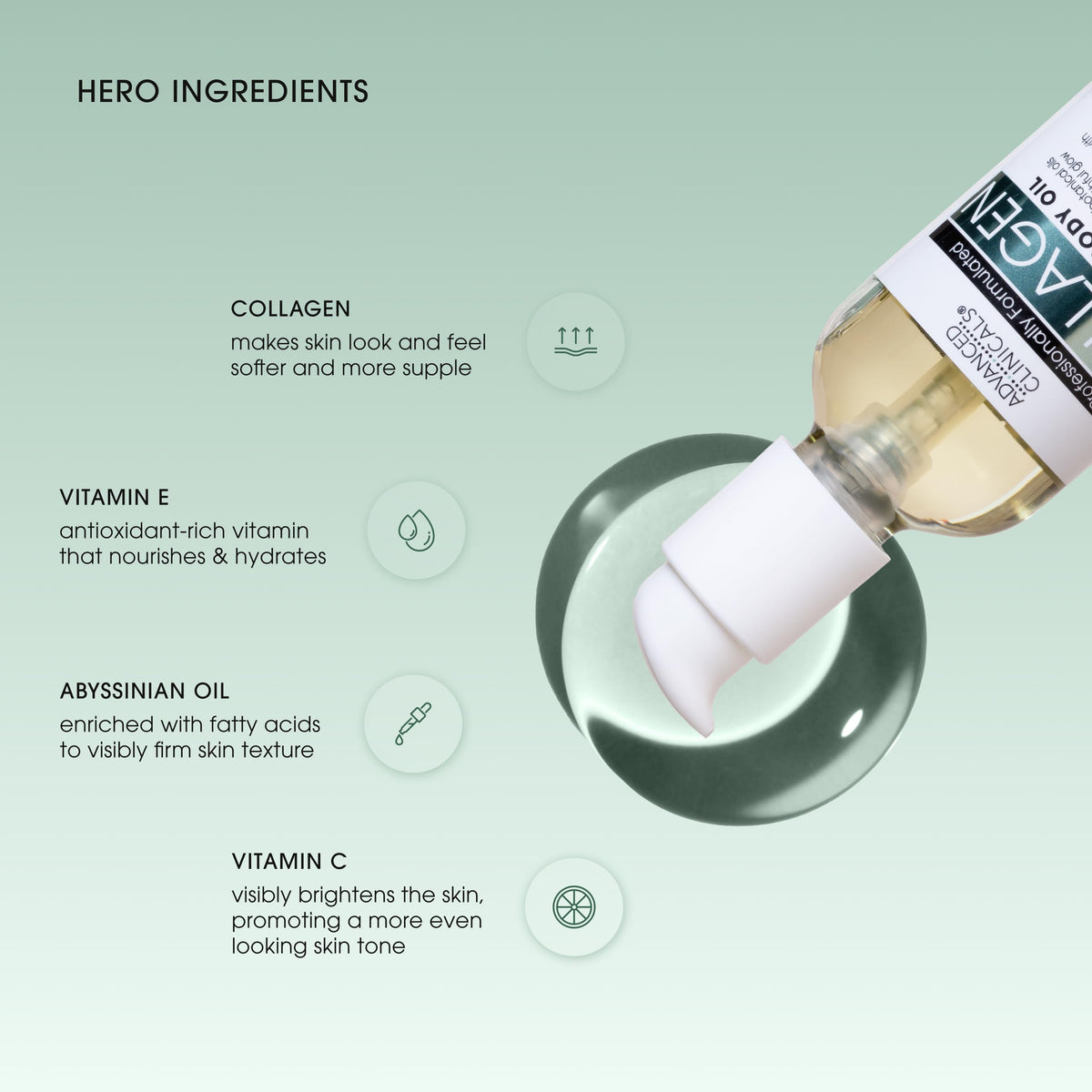 Close-up of Advanced Clinicals Hydrating Collagen Body Oil bottle