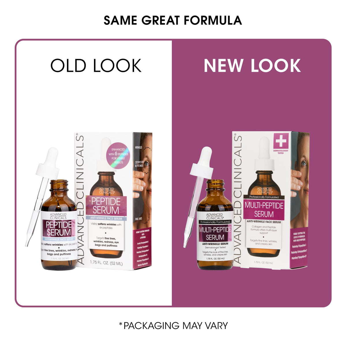 Close-up of Advanced Clinicals Multi Peptides Serum bottle