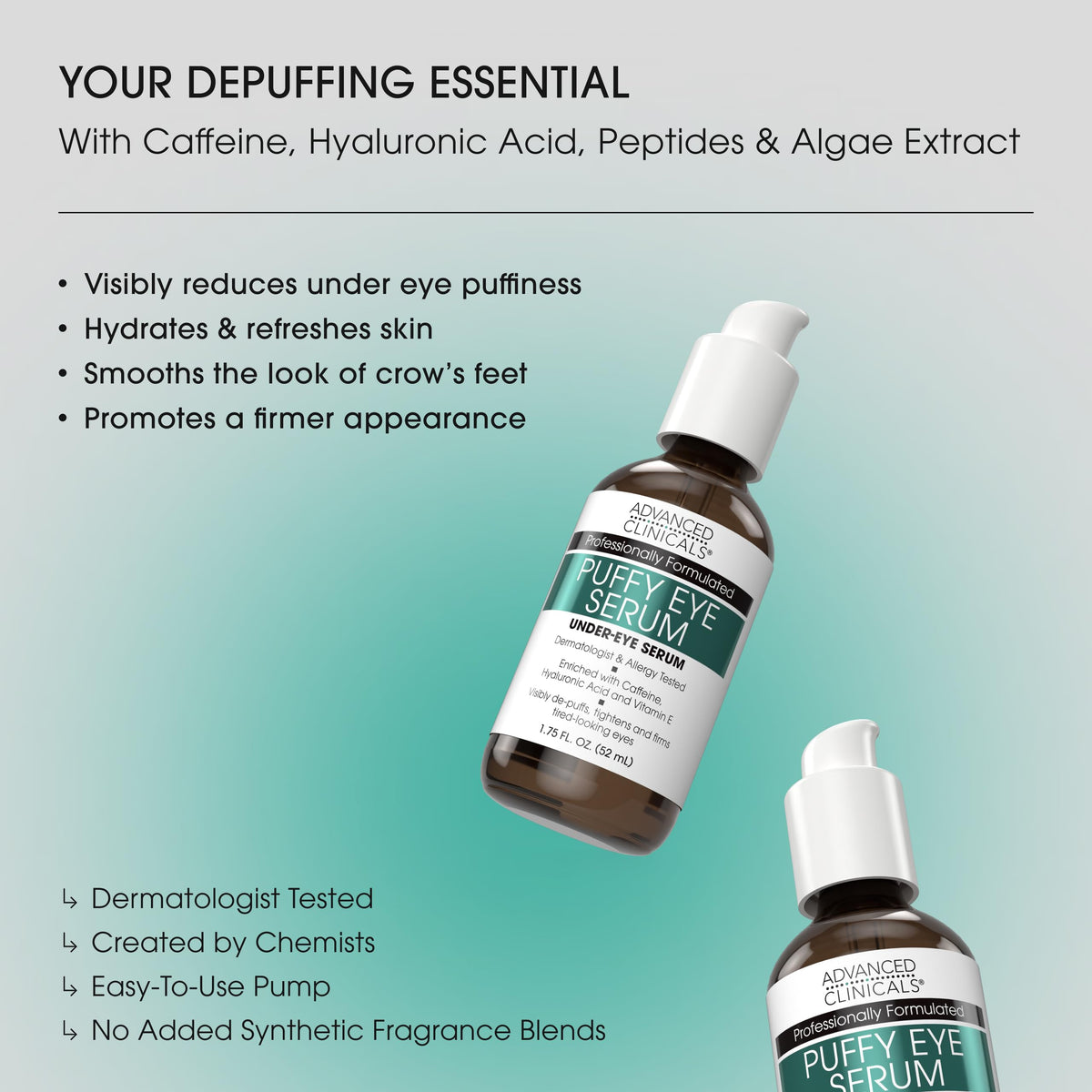 Close-up of Advanced Clinicals Puffy Eye Serum bottle