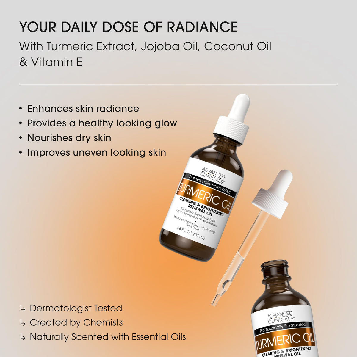 Close-up of Advanced Clinicals Turmeric Oil Serum bottle