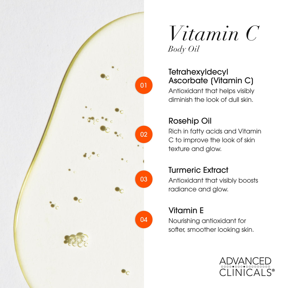 Close-up of Advanced Clinicals Vitamin C Brightening Body Oil bottle