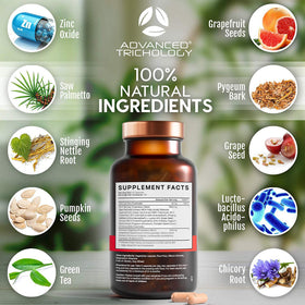 Close-up of Advanced Trichology DHT Blocker ingredients list