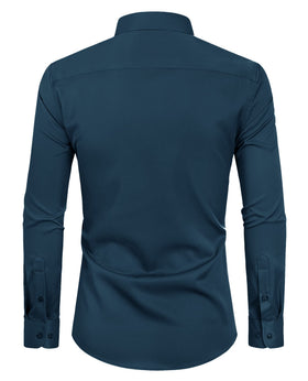 Close-up of Alimens & Gentle Men's Light Navy Dress Shirt collar