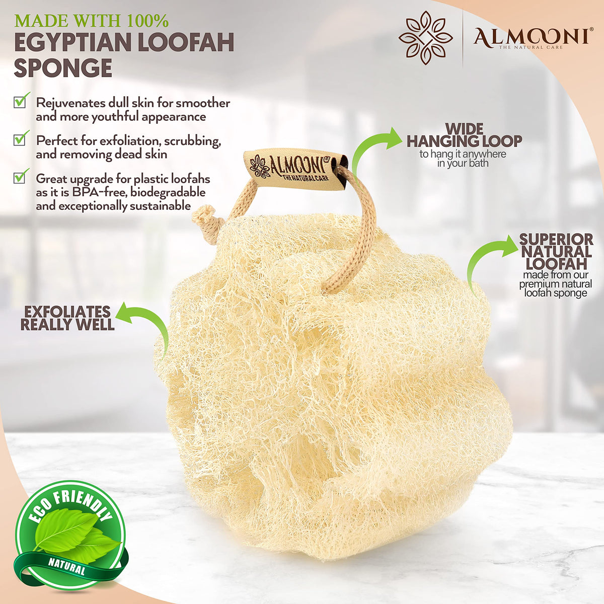 Close-up of ALMOONI natural loofah sponge texture
