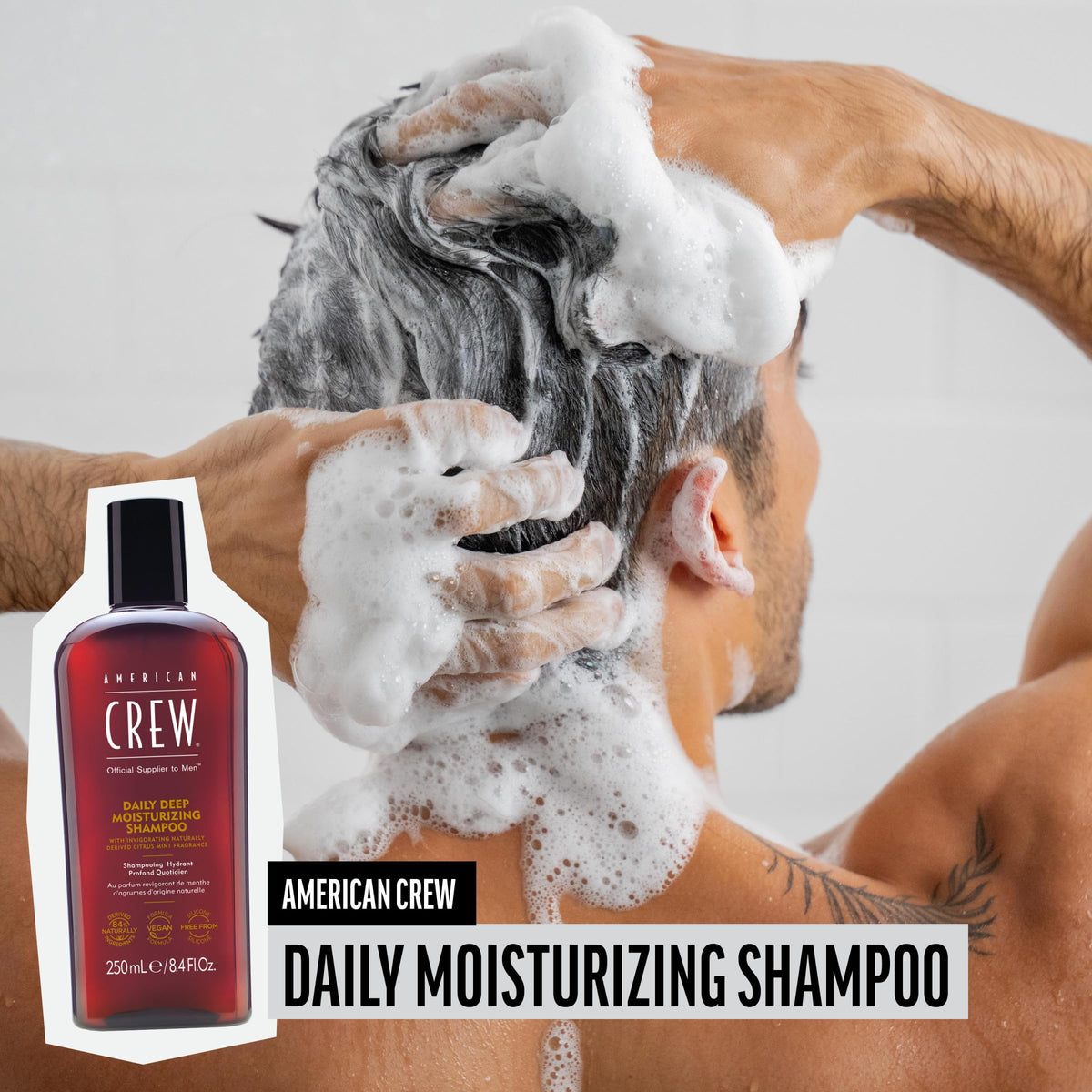 Close-up of AMERICAN CREW Deep Moisturizing Shampoo label