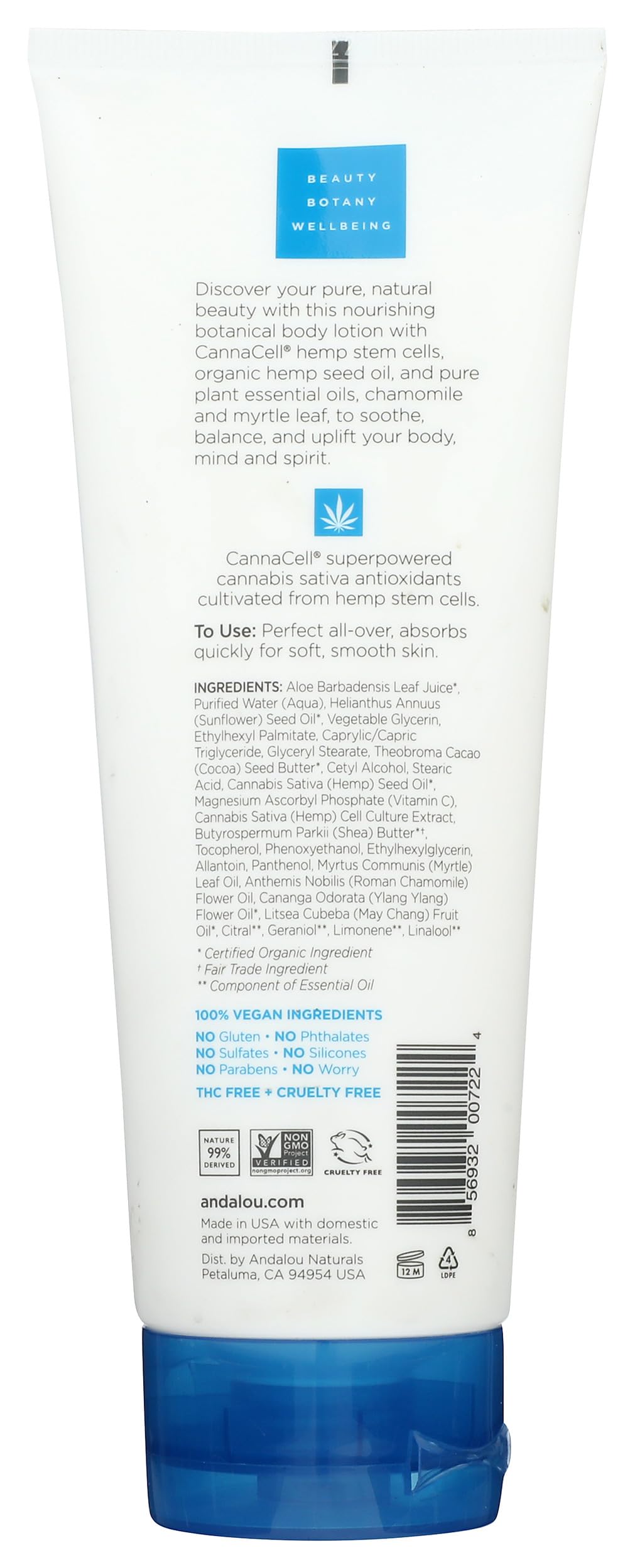 Close-up of Andalou Naturals CannaCell Body Lotion label