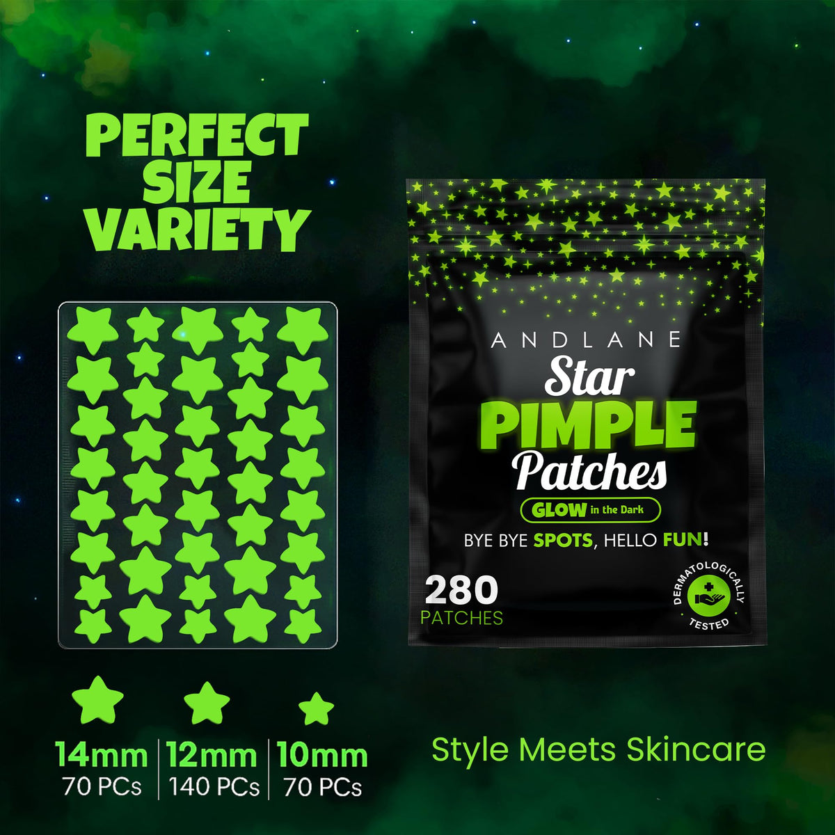 Close-up of Andlane Glow In The Dark Star Pimple Patches showing different sizes