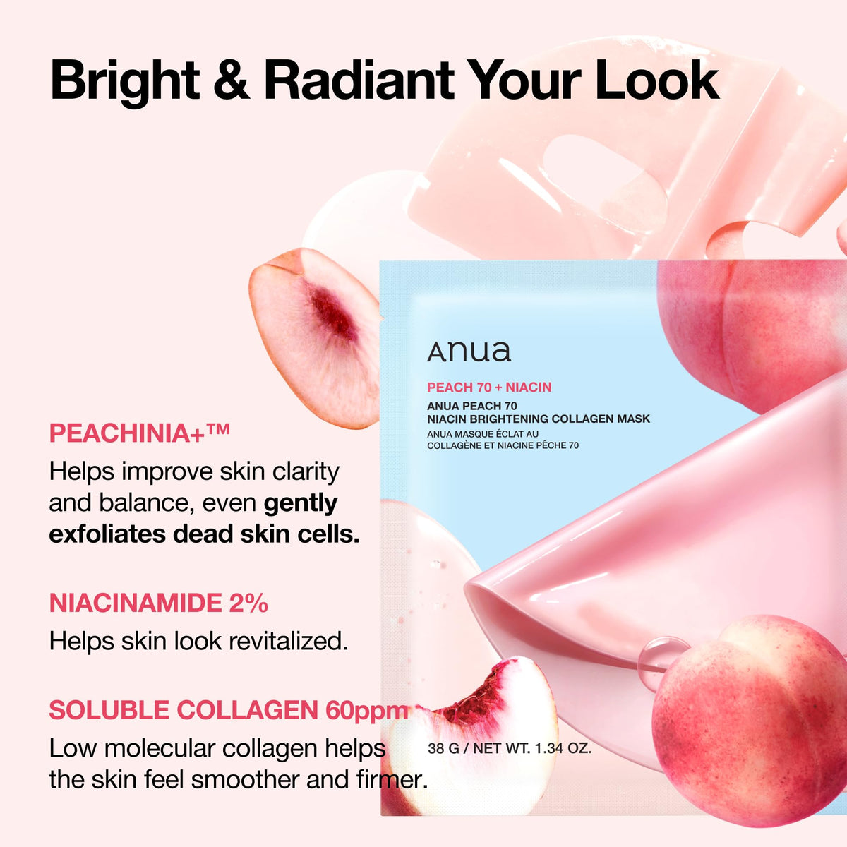 Close-up of ANUA Peach 70 Niacin Brightening Collagen Mask hydrogel texture