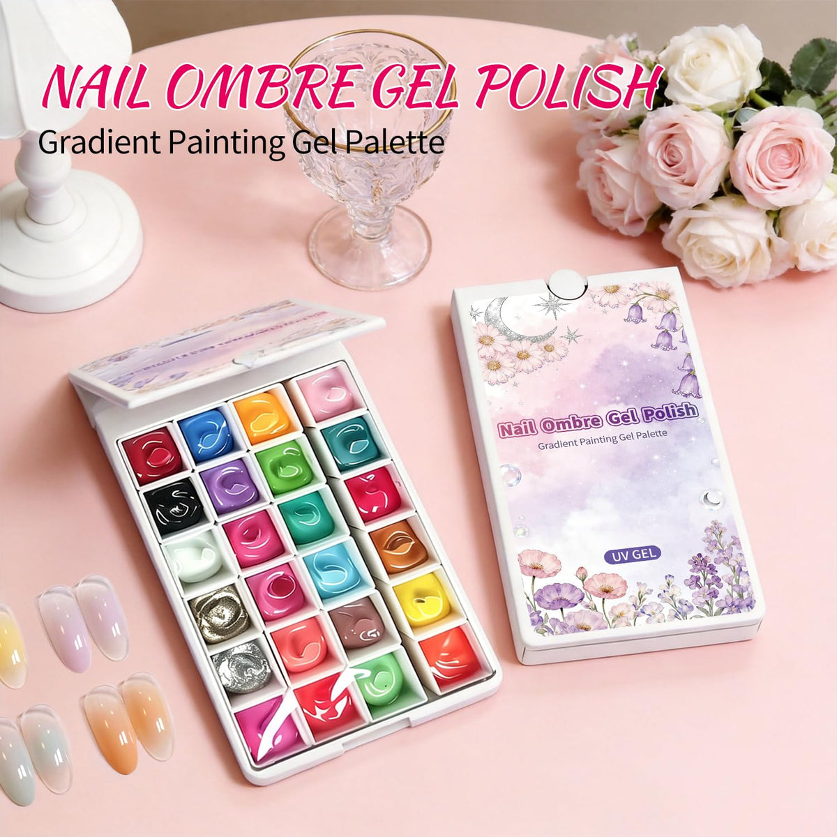 Close-up of AOBOO gel polish shades in 24-well kit