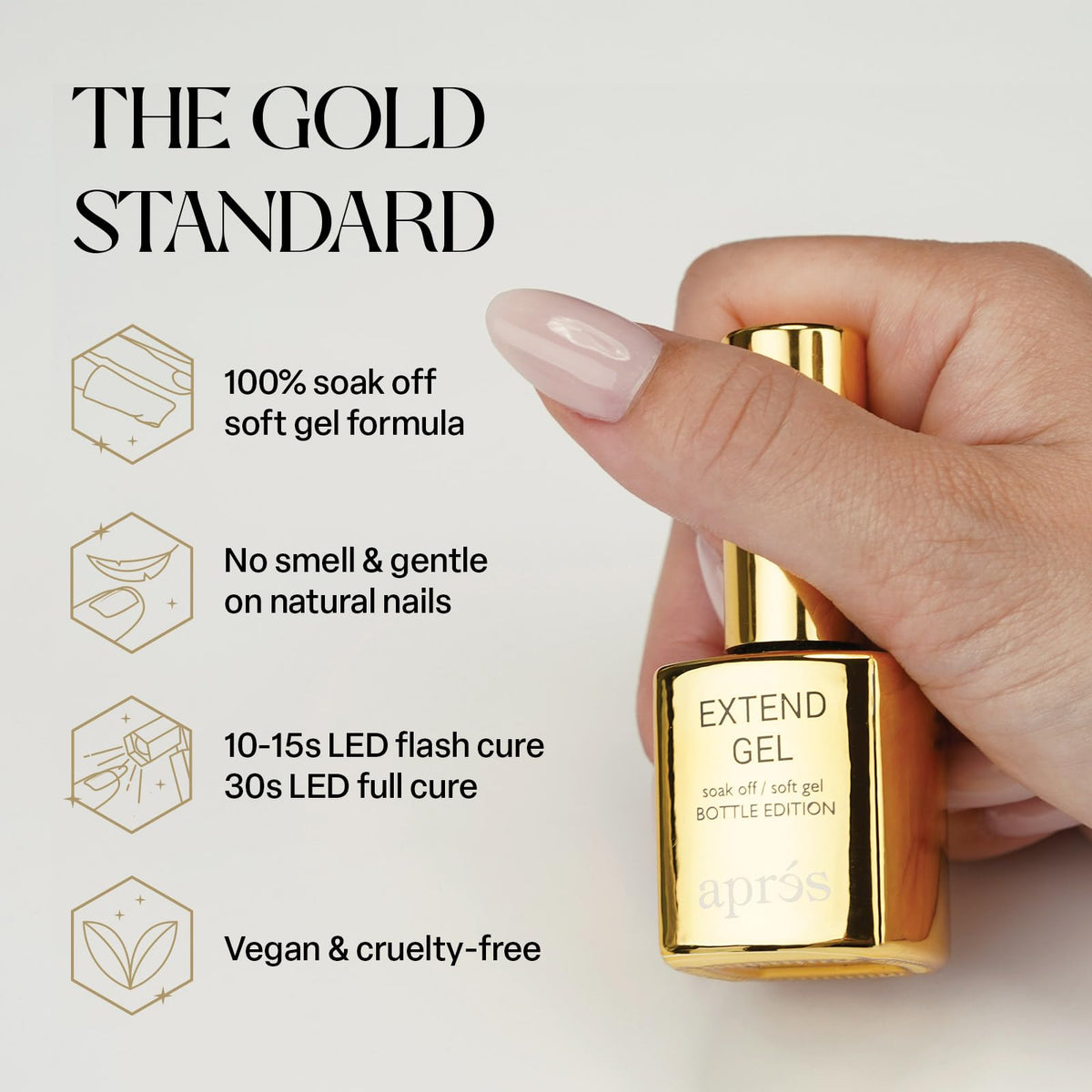 Close-up of APRÉS Extend Gel Gold Bottle Edition 15 ml label