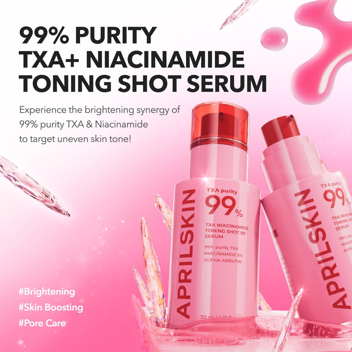 Close-up of APRILSKIN TXA Niacinamide Toning Shot Serum bottle