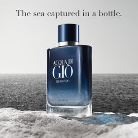 Close-up of Armani Beauty Acqua di Giò Profondo Parfum cap with monogram