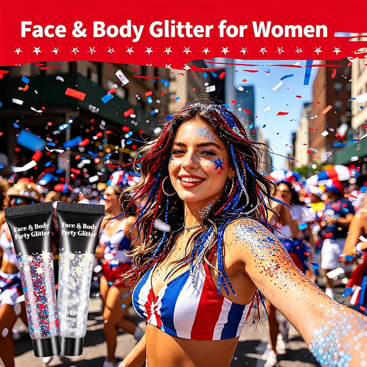Close-up of AROIC body glitter in various colours
