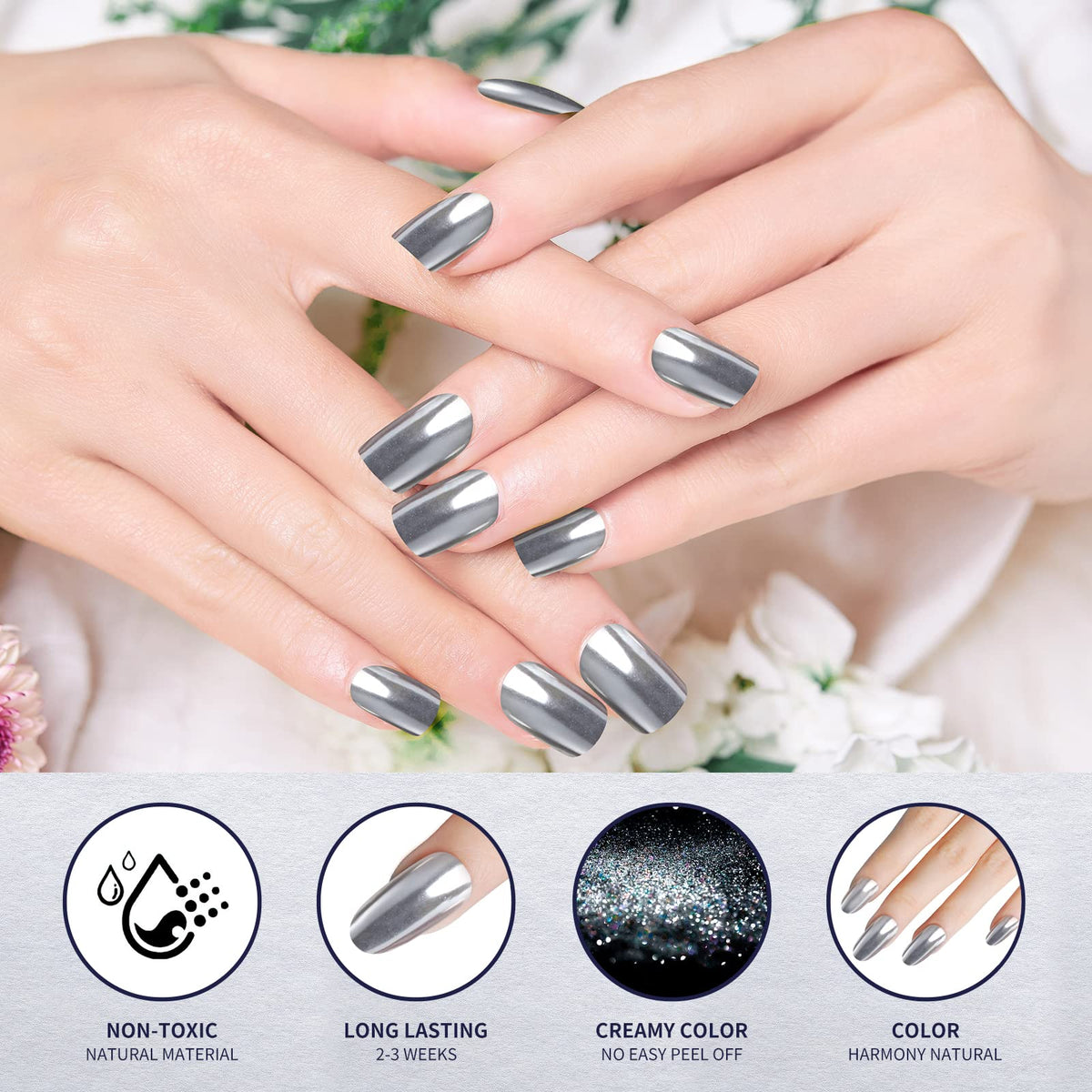 Close-up of Artdone chrome nail powder jar with metallic finish