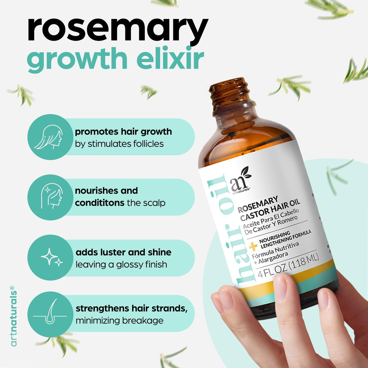 Close-up of Artnaturals Rosemary Oil bottle