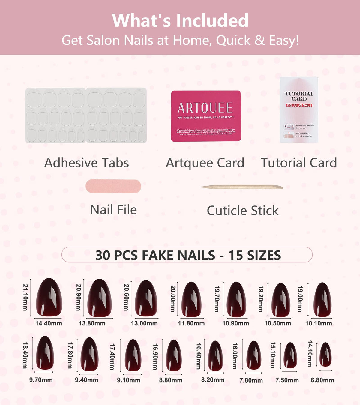 Close-up of Artquee burgundy almond press on nails
