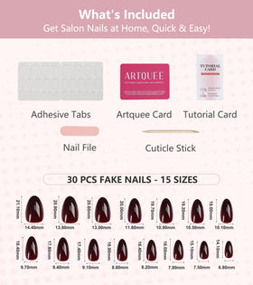 Close-up of Artquee burgundy almond press on nails