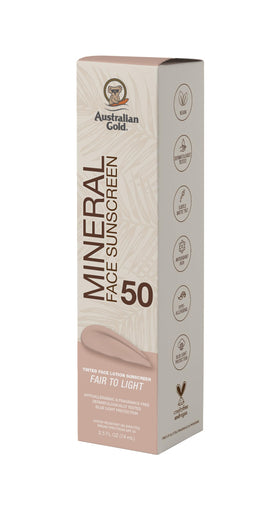 Close-up of Australian Gold Tinted Mineral Face Sunscreen SPF 50 tube