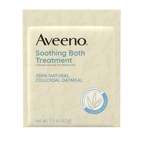 Close-up of Aveeno bath packet with colloidal oatmeal