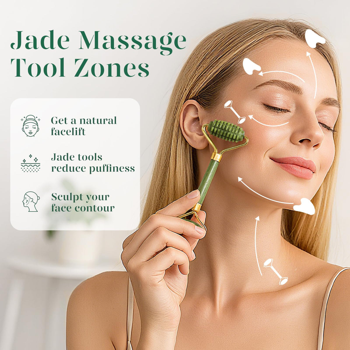 Close-up of BAIMEI jade roller with ergonomic design