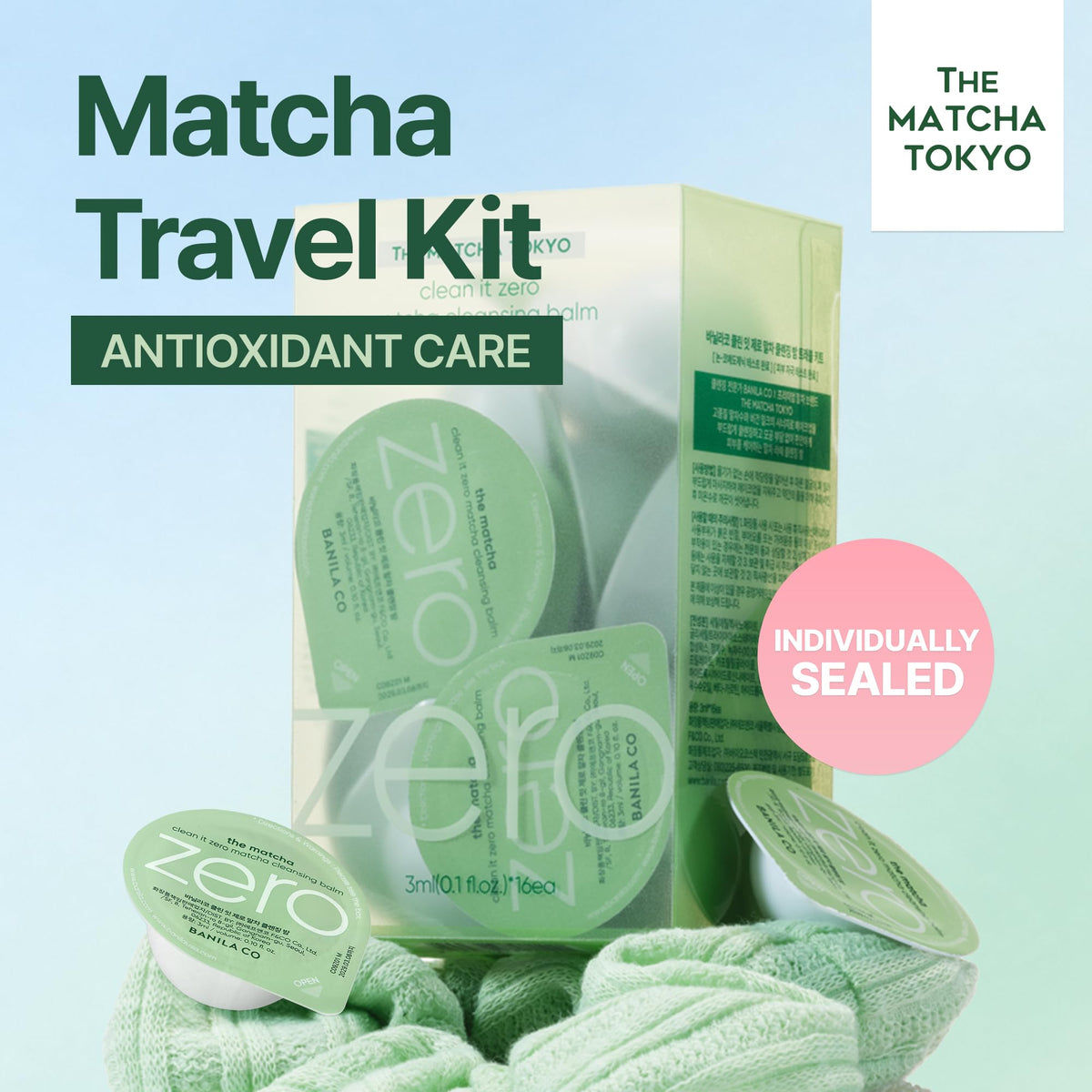 Close-up of BANILA CO Clean It Zero Matcha Cleansing Balm single-use blister pack