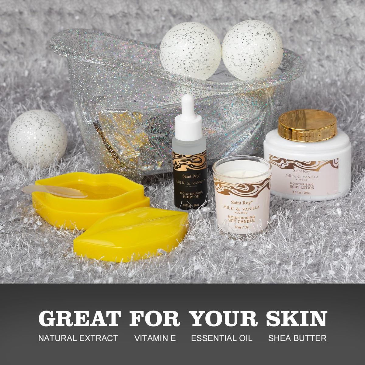 Close-up of bath bomb and soy candle from the gift set