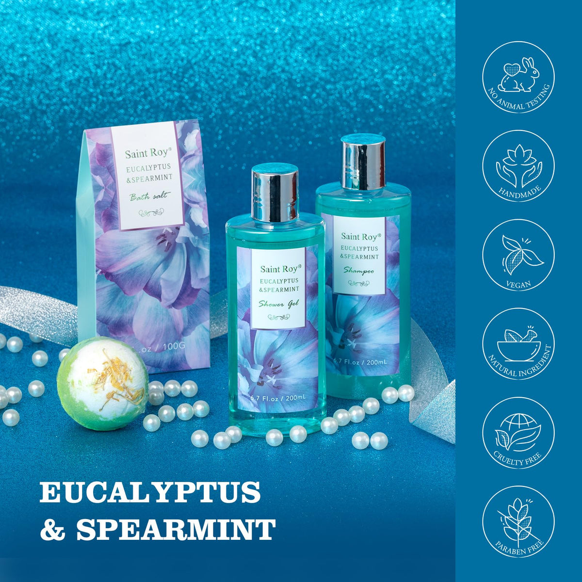 Close-up of bath salts in Saint Roy Bath and Body Basket