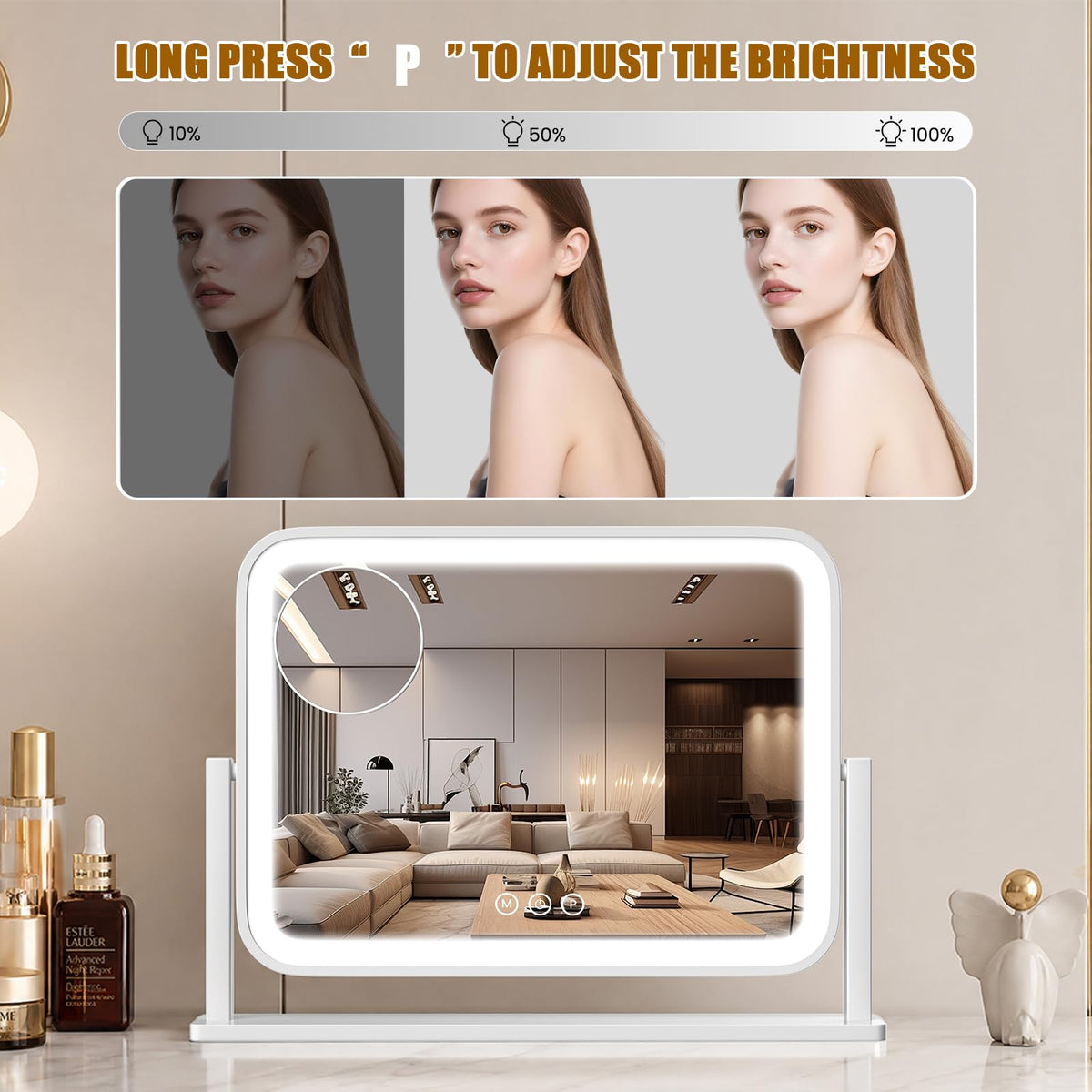 Close-up of Bearolve vanity mirror's LED lighting