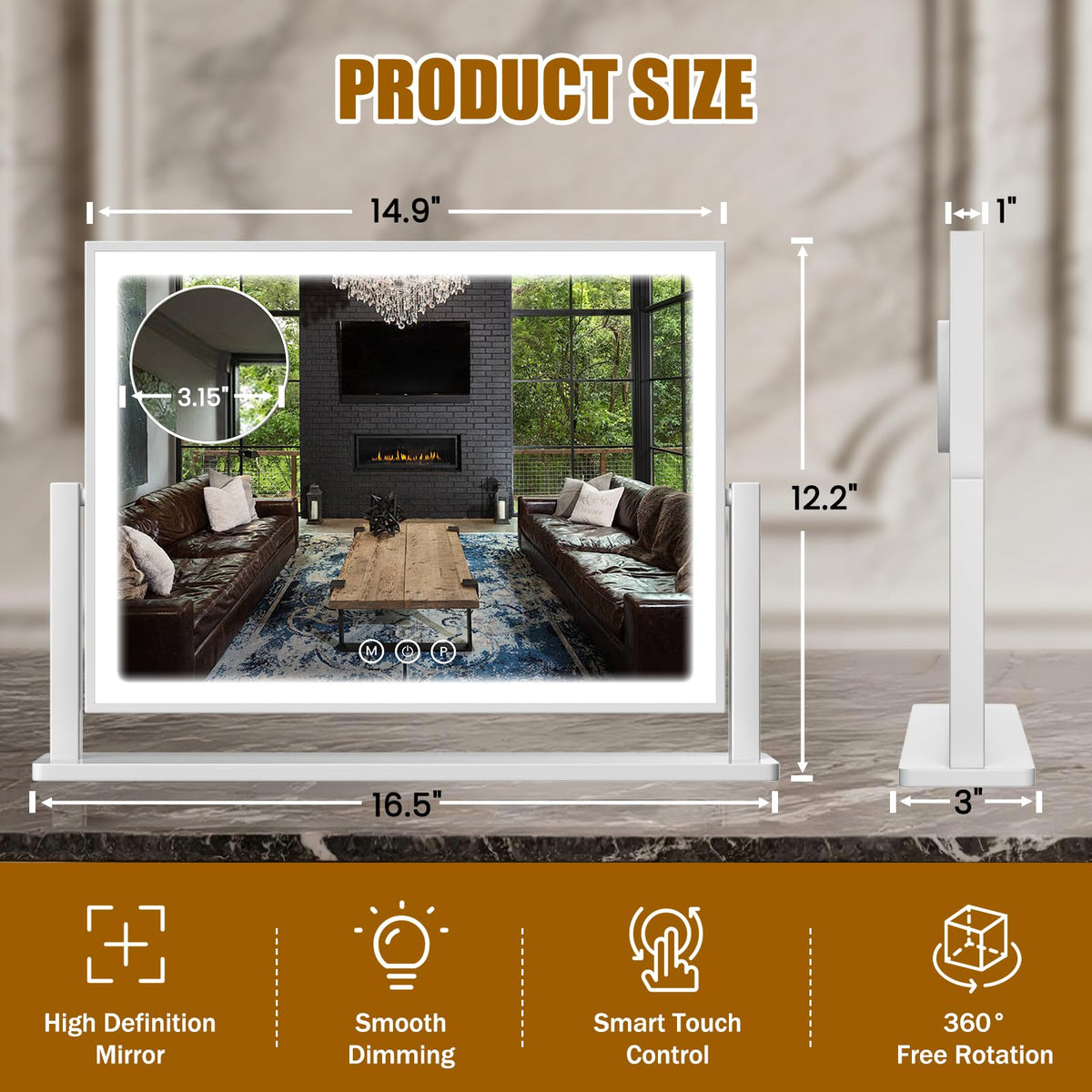 Close-up of Bearolve vanity mirror's touch controls