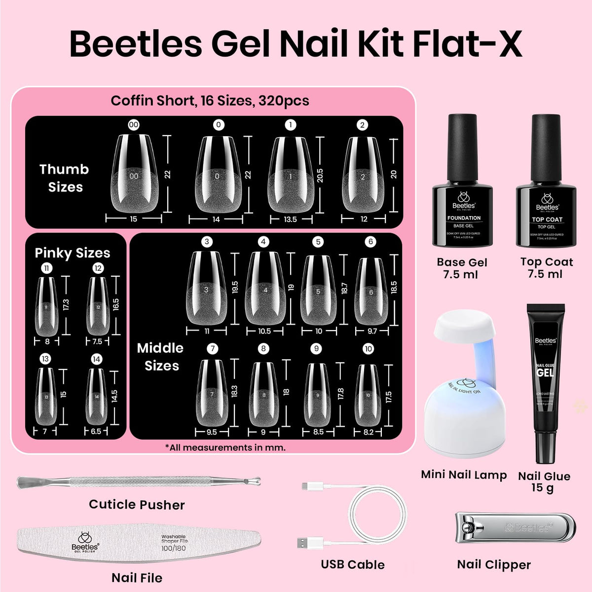 close-up of beetles Flat-X coffin nail tips in various sizes