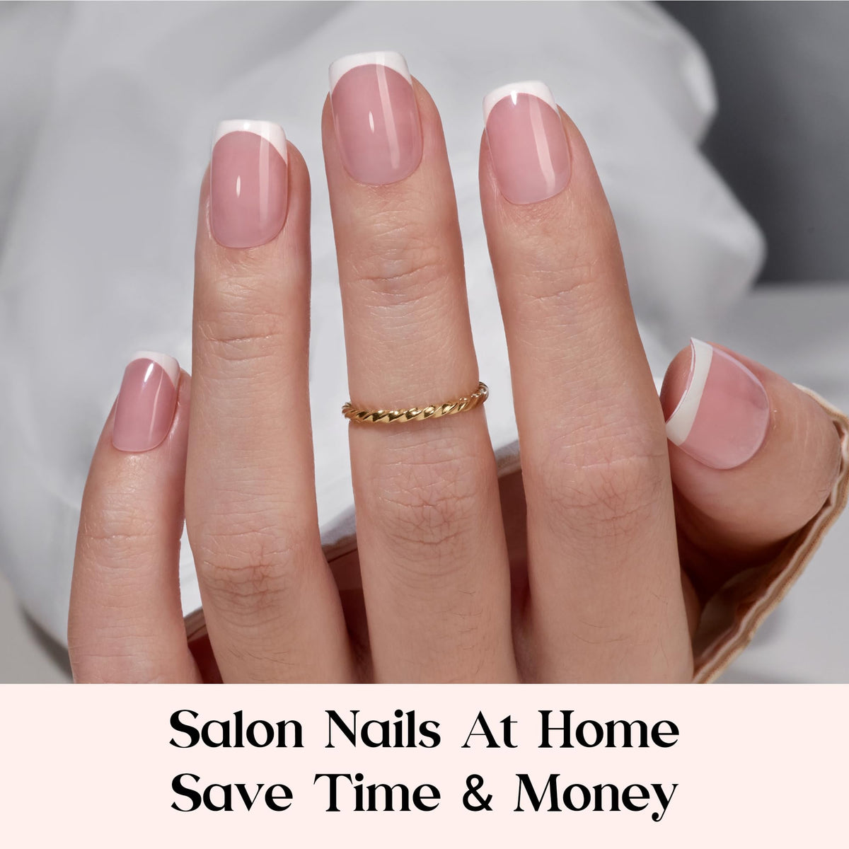 close-up of beetles French Tip Press On Nails showing size options