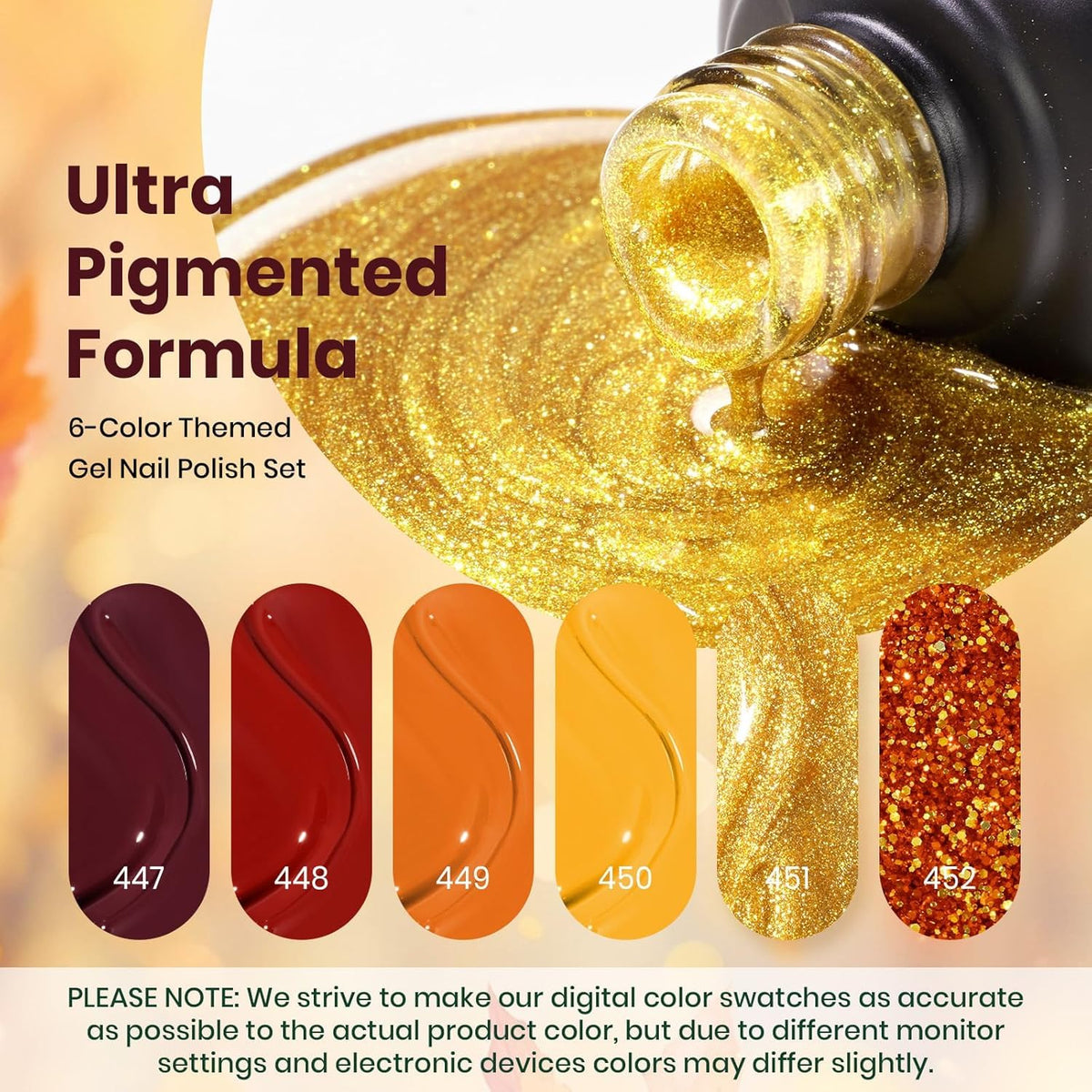 Close-up of Beetles gel polish shades in warm yellow and orange gold