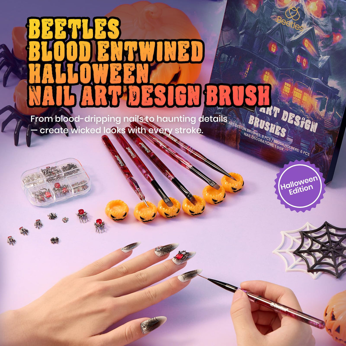 close-up of beetles nail art brushes with blood marble design