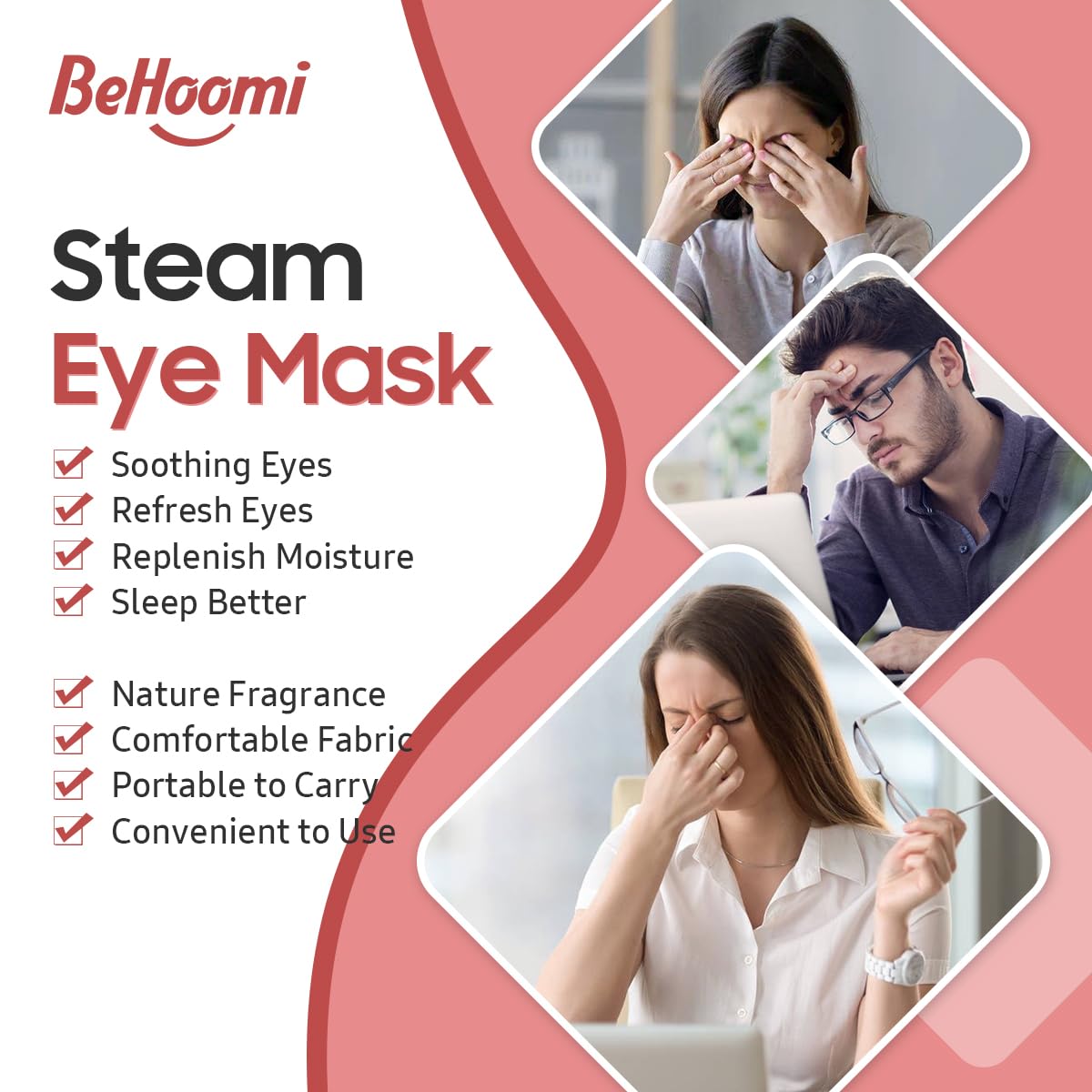 Close-up of BeHoomi Steam Eye Mask with elastic ear hooks