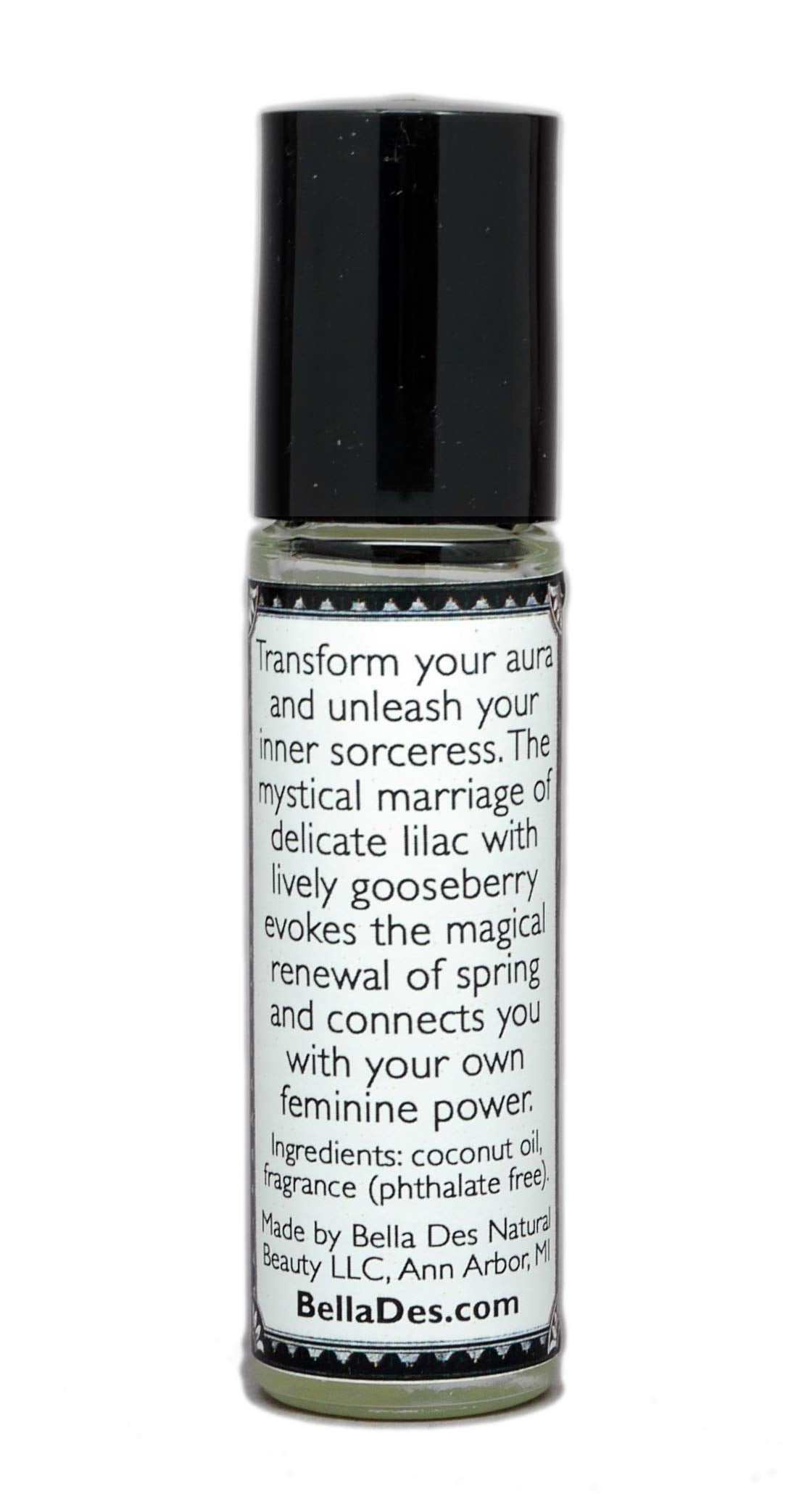 Close-up of BELLA DES NATURAL BEAUTY Lilac and Gooseberry Perfume Oil bottle with roll-on applicator