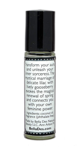 Close-up of BELLA DES NATURAL BEAUTY Lilac and Gooseberry Perfume Oil bottle with roll-on applicator
