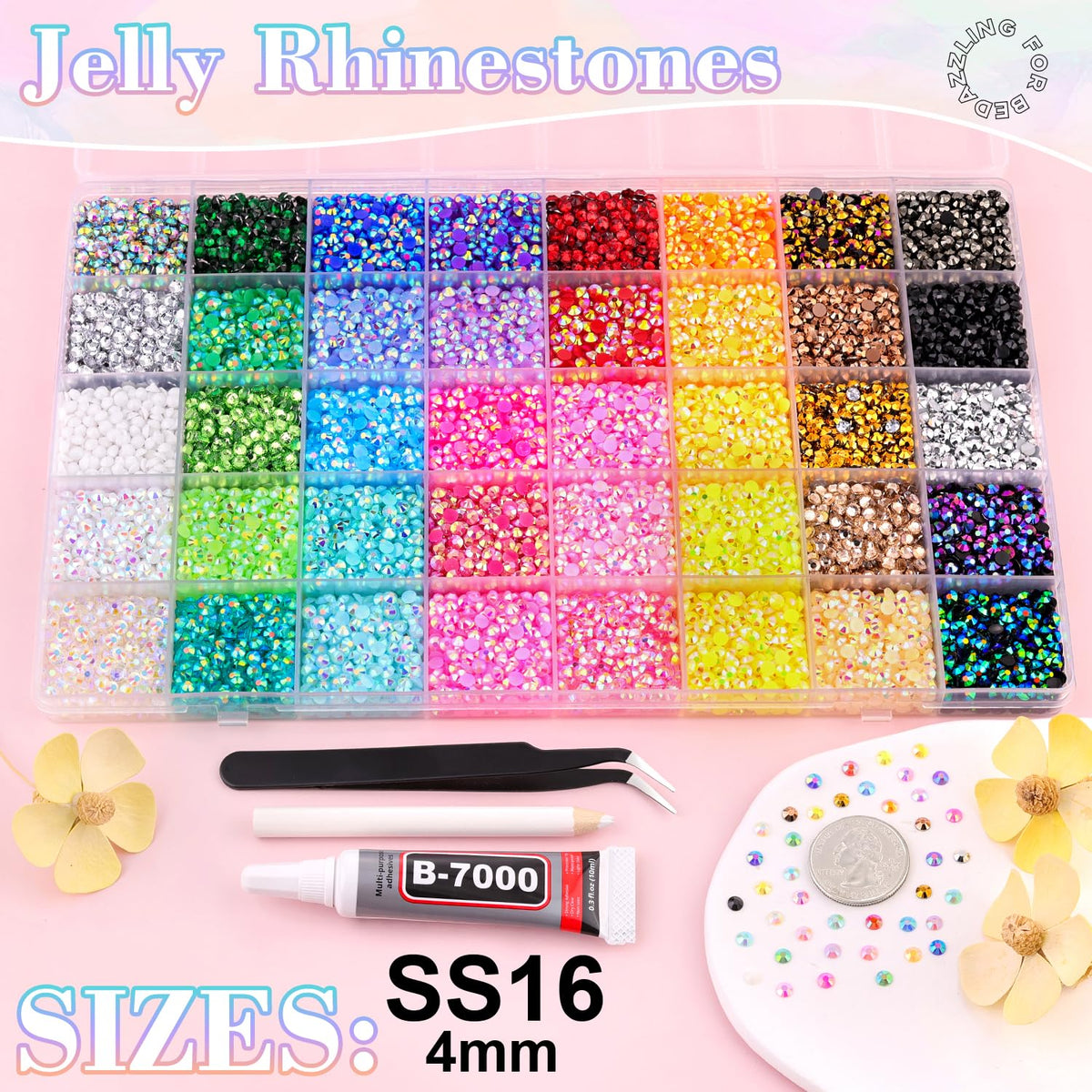 Close-up of BELLEBOOST 4mm resin rhinestones in various colors