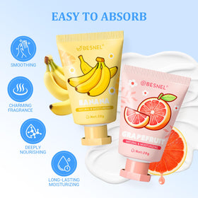 Close-up of BESNEL hand cream mini lotion with rich chocolate scent