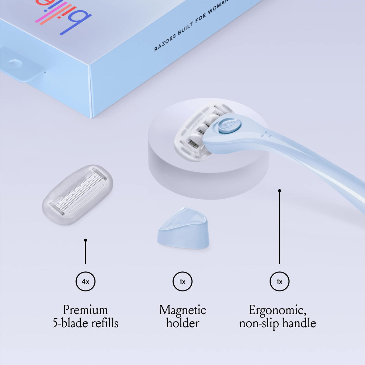 Close-up of Billie razor showing 5 nickel-free blades and aloe shave soap
