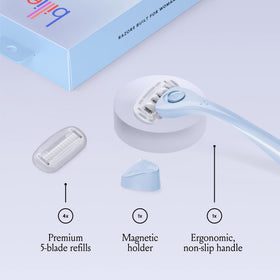 Close-up of Billie razor showing 5 nickel-free blades and aloe shave soap