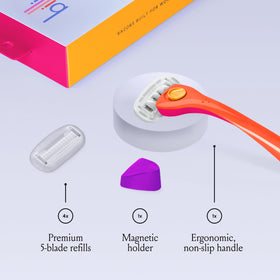 Close-up of Billie razor with 5 nickel-free blades and aloe shave soap